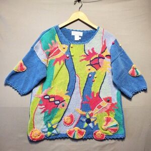 VTG Petite Sophisticate Sweater Womens PL Fish Costal Nautical 3D Art Knit 90s